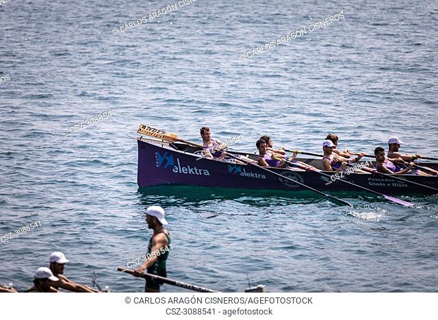 CASTRO URDIALES, SPAIN - JULY 15, 2018: Competition of boats, regata of traineraa, San Pedro boat in action in the VI Bandera CaixaBank competition