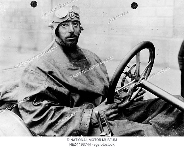 Driver's outfit for the Grand Prix des Voiturettes, Dieppe, France, 1908. A driver at the wheel of his car