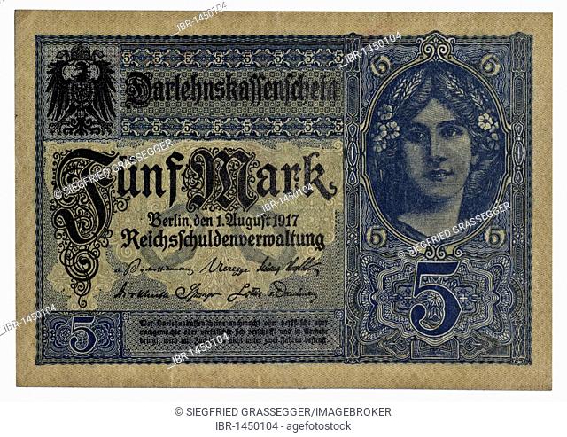 Front of the Loan Society banknote over 5 marks of the National Debt Office, Berlin, Germany, August 1st 1917