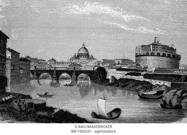 Castel Sant'Angelo in Rome, Italy, historical woodcut, circa 1870