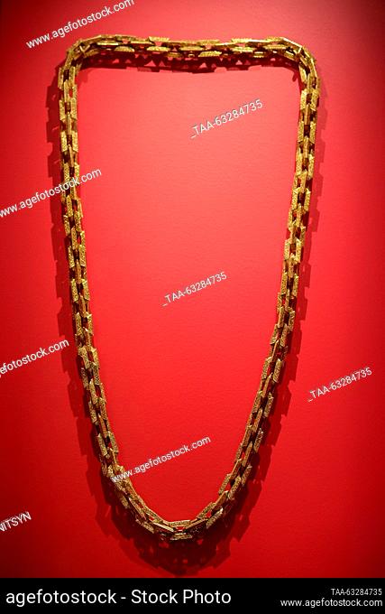 RUSSIA, MOSCOW - OCTOBER 12, 2023: A 16-17th-century pectoral chain hangs on display during the Kremlin Legends: Russian Romanticism and the Armoury Chamber...