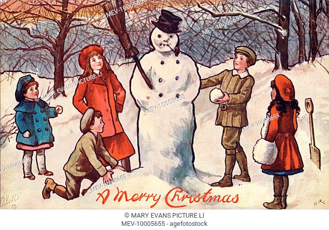 LITTLE CHILDREN’S making a Snowman RUSSIAN SNOW WINTER Peasant Dog NEW Postcard 