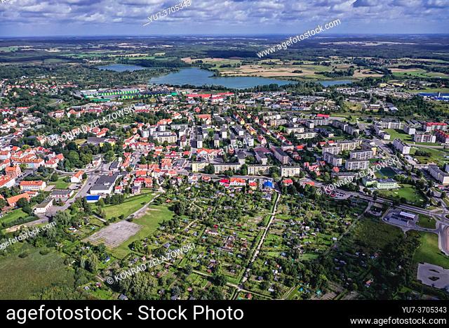 View on Morag town and Skiertag Lake, Ostroda County in the Warmian-Masurian Voivodeship of northern Poland