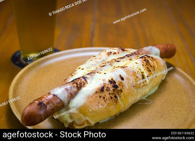 Delicious close-up of traditional Uruguayan hot dog (pancho)