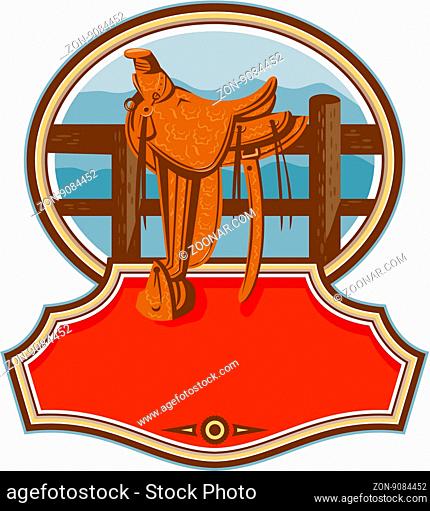 Illustration of an old style western saddle with decoration sitting on ranch fence set inside oval shape with banner in front done in retro style
