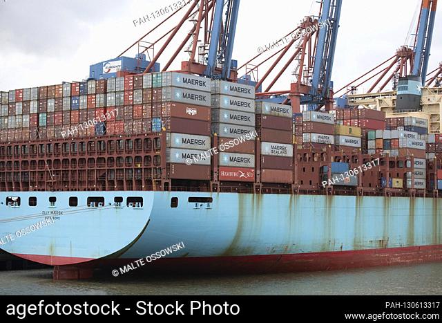 The container ship Elly Maersk lies at the container terminal Eurogate and is loaded over container bridges, Hamburg Waltershof on February 17th, 2020