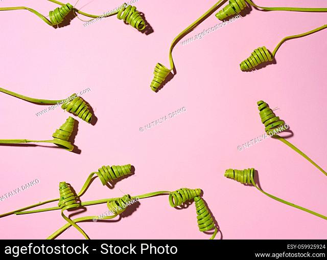 green wooden spirals on pink background, abstract background, top view, copy space