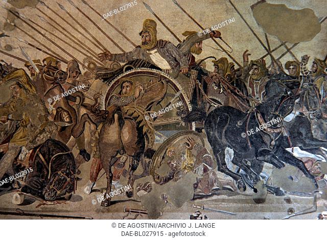 Battle of Issus, detail depicting Darius III of Persia, mosaic reproduction of a 4th century bC painting by Philoxenos of Eretria, from the House of the Faun