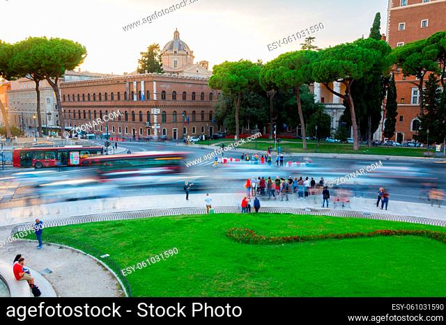 Rome, Italy - Oct 02, 2018: Evening traffic on the Piazza Venezia in Rome, motion blur