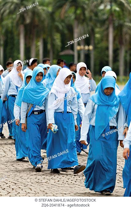 Muslim Schoolgirls on the Merdeka Aquare in Jakarta, Indonesia
