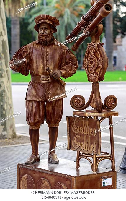 Mime, living statue, street artist, depicting Galileo Galilei, La Rambla, Barcelona, ??Catalonia, Spain