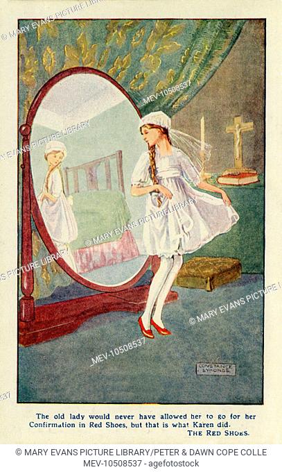 The Red Shoes -- a young girl dressed in white for her confirmation looks at her reflection in a large oval mirror. Rather daringly, she is wearing red shoes