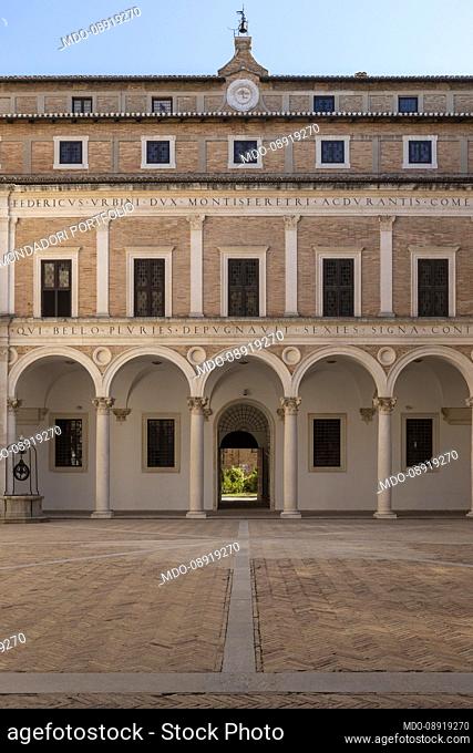 Ducal Palace of Urbino: main courtyard (15th Century, Architects Luciano Laurana and Francesco di Giorgio Martini). Urbino (PU) August 2021
