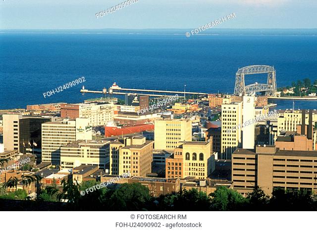 Duluth, MN, Minnesota, Aerial view of downtown Duluth along Lake Superior from Skyline Parkway