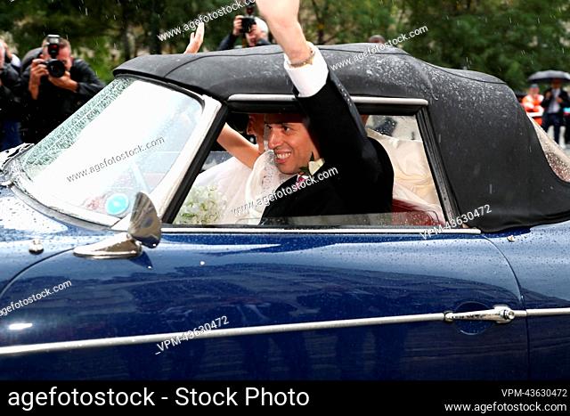 Princess Maria Laura and William Isvy pictured leaving in a car after the wedding ceremony of Princess Maria-Laura of Belgium and William Isvy