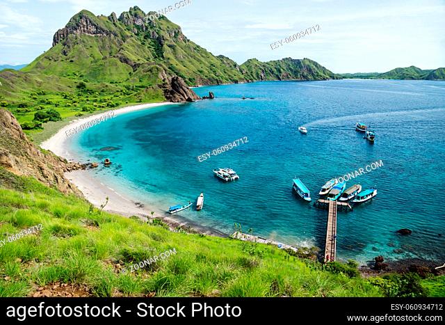 Palau Padar bay with green hills in Komodo National Park, Flores, Indonesia