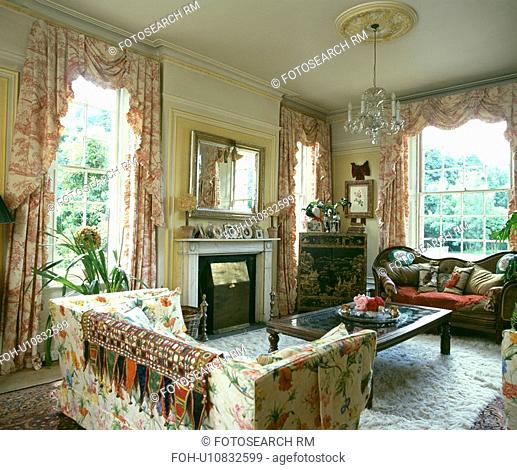 Pink toile de Jouy curtains in country living room