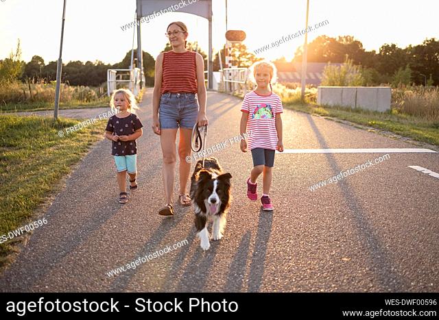 Girls and mother walking with dog on road at sunset
