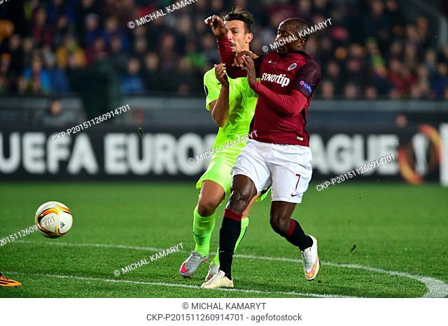 Asteras Tripolis player Kostas Giannulis (left) and Kehinde Fatai of Sparta in action during the fifth round, Group K, the UEFA Europa League match AC Sparta...