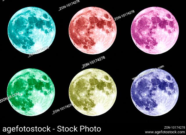 Six different colors collage of the full Moon is seen isolated on a black background. High contrast, high resolution image taken with a full frame dslr camera