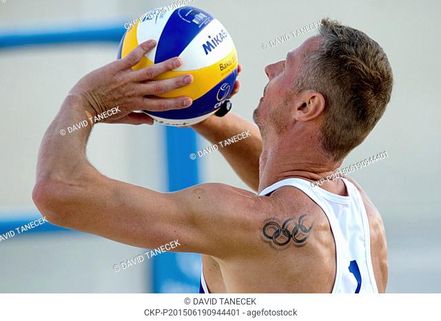 Premysl Kubala from Czech Republic in action during the Men's beach volleyball Elimination Round Group E match Spain vs Czech Republic at the Baku 2015 1st...