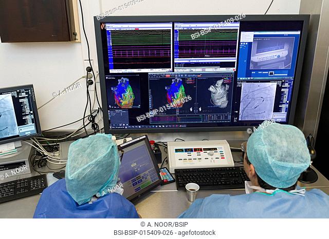 Reportage in the Interventional Cardiology and Rythmology service in Saint George Clinic in Nice, France. Radiofrequency ablation of cardiac arrhythmia using...