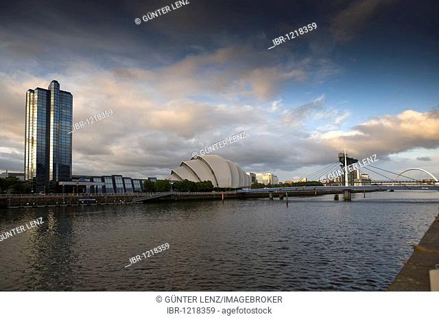 Hotel Crown Plaza, Clyde Auditorium and Bell Bridge at Clyde river, Glasgow, Scotland, United Kingdom, Europe