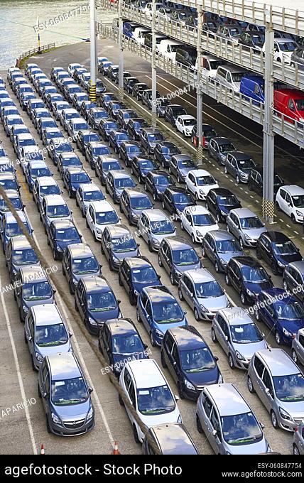 new cars waiting to be exported in the port of Pasaia, Guipuzkoa, Basque Country, Spain, Europe