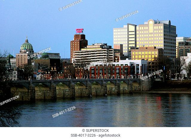 Downtown skyline of Harrisburg with Market Street Bridge over the Susquehanna River, Dauphin County, Pennsylvania, USA