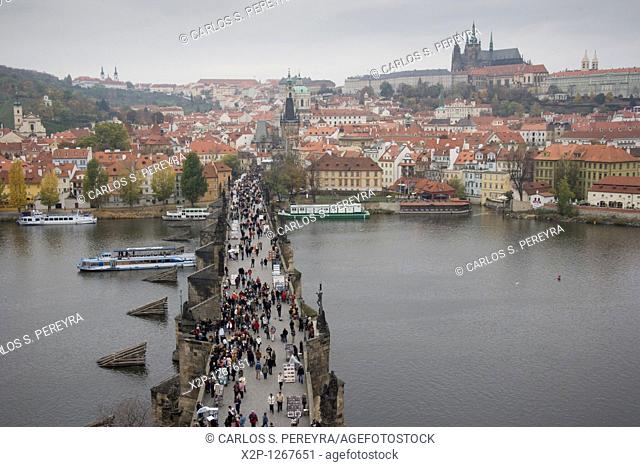 Tourism in Charles Bridge in Prague, Czech Republic