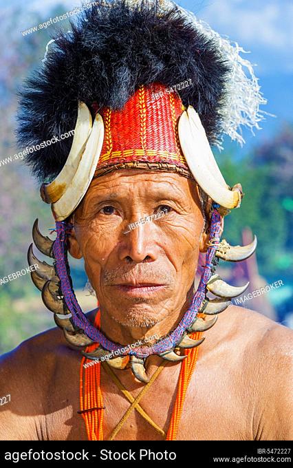 Naga tribesman in traditional dress, Kisima Nagaland Hornbill Festival, Kohima, Nagaland, India, Asia