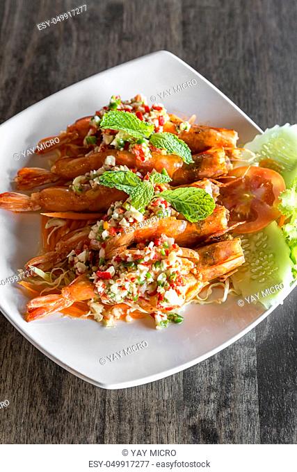 Tiger prawn spicy salad, thai sefood groumet cuisine