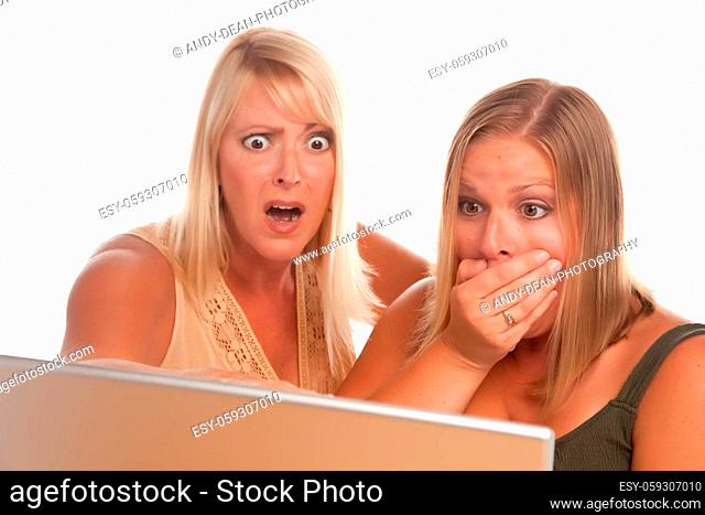 Two Shocked Women Using Laptop Isolated on a White Background