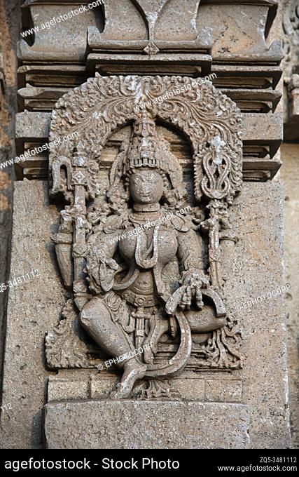 Carved idol on the outer wall of Shantinatha Basadi, a Jain temple dedicated to the sixteenth Tirthankar Shantinatha, near Shravanabelagola, Karnataka, India