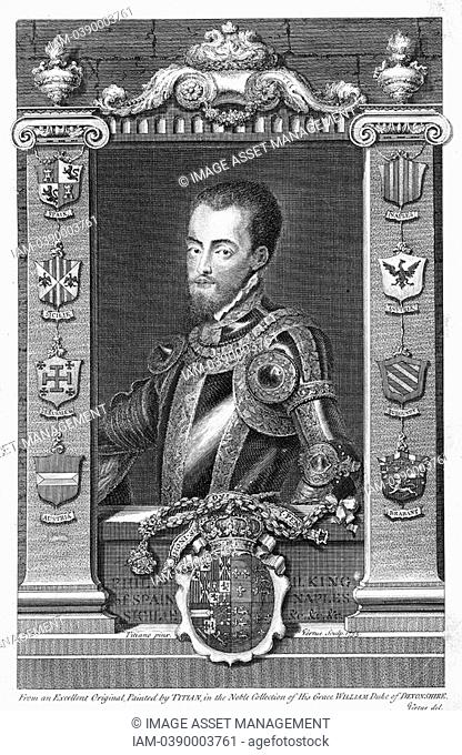 Philip II 1527-98 King of Spain 1556  Son of Emperor Charles V 1500-1558, husband of Mary I 1518-1558 queen of England from 1553  Copperplate engraving of 1735...