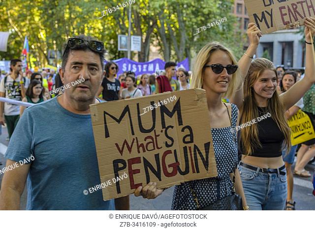 Madrid, Spain, 27th September 2019. View of a placard and people protesting against climate change in Paseo del Prado, Madrid city, Spain