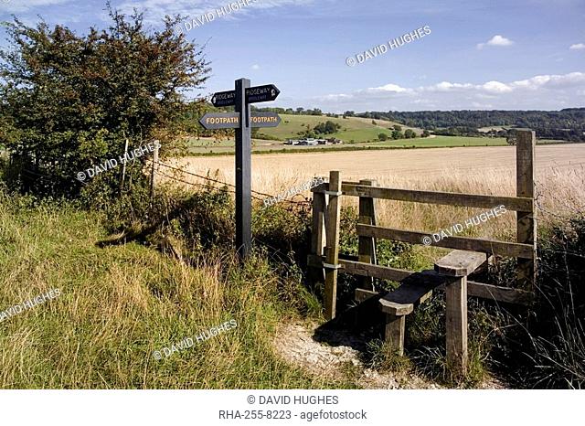 Stile on the Ridgeway Path, Pitstone Hill, Chilterns, Buckinghamshire, England, United Kingdom, Europe