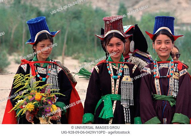India, Jammu & Kashmir, Ladakh, Leh. Young Women In Traditional Dress For Festival