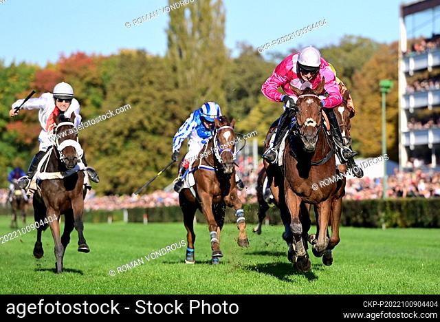 Jockey Lukas Matusky with horse Mr Spex, right, competes during the 132nd Grand Pardubice Steeplechase in Pardubice, Czech Republic, October 9, 2022