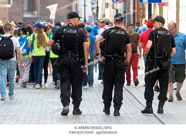 Police officers are patroling the streets during the World Youth Day 2016 in Krakow, Poland, 27 July 2016. The World Youth Day 2016 is held in Krakow and nearby...