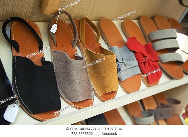 Sandals for sale at the shop, Rethymno, Crete, Greek Islands, Greece, Europe
