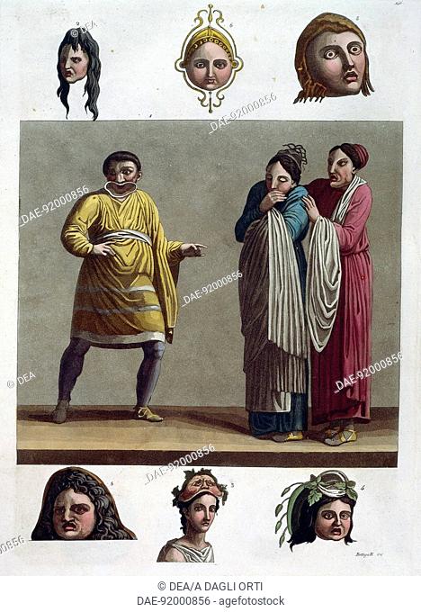 A man making a mockery and the women are shocked. At the top, three tragic masks. At the bottom, two female masks and Bacchus