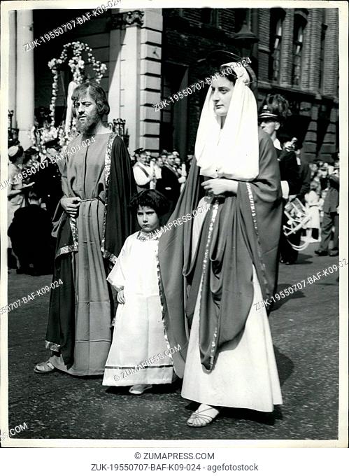 Jul. 07, 1955 - Annual Procession in Honour of our lady of mount camel - cardinal walks in procession : Cardinal Griffin walked through the streets of...