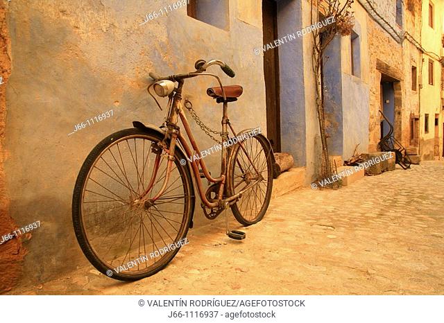 Bike on street, Valderrobres, Matarraña, Teruel province, Aragon, Spain