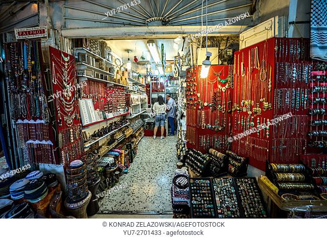 jewellery souvenir shop at Arab market that sprawls across Christian and Moslem Quarters on Old City of Jerusalem, Israel