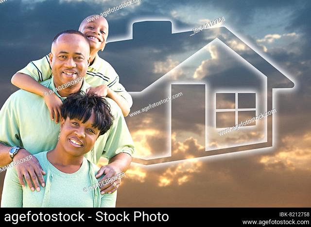 Happy african american family over clouds, sky and house icon