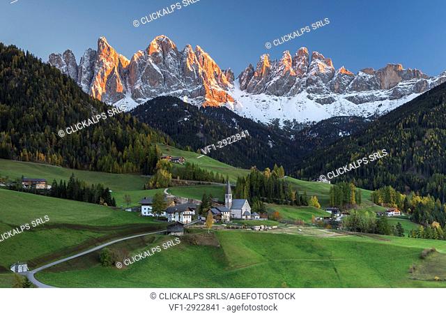 The church of Santa Magdalena, Funes valley, Odle dolomites, South Tyrol region, Trentino Alto Adige, Bolzano province, Italy, Europe