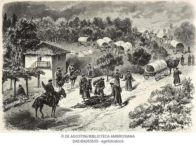 Burial along the road, Circassia and Tartar families fleeing Dobrugia for Rumelia, Russian-Turkish war, illustration by Dumont and Tofani from L'Illustration