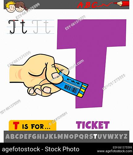 Educational cartoon illustration of letter T from alphabet with ticket object