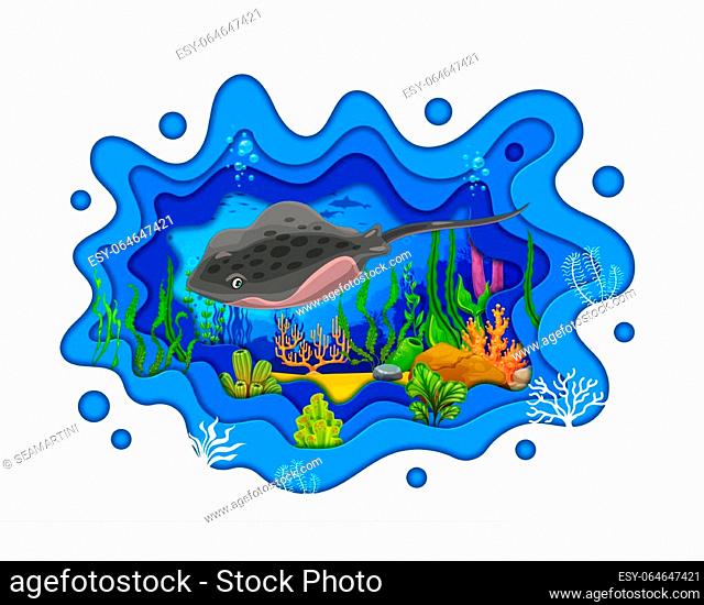 Sea paper cut landscape with cartoon stingray animal and seaweeds vector underwater scene. Whimsical oceanic nature, marine life with vibrant colored corals and...